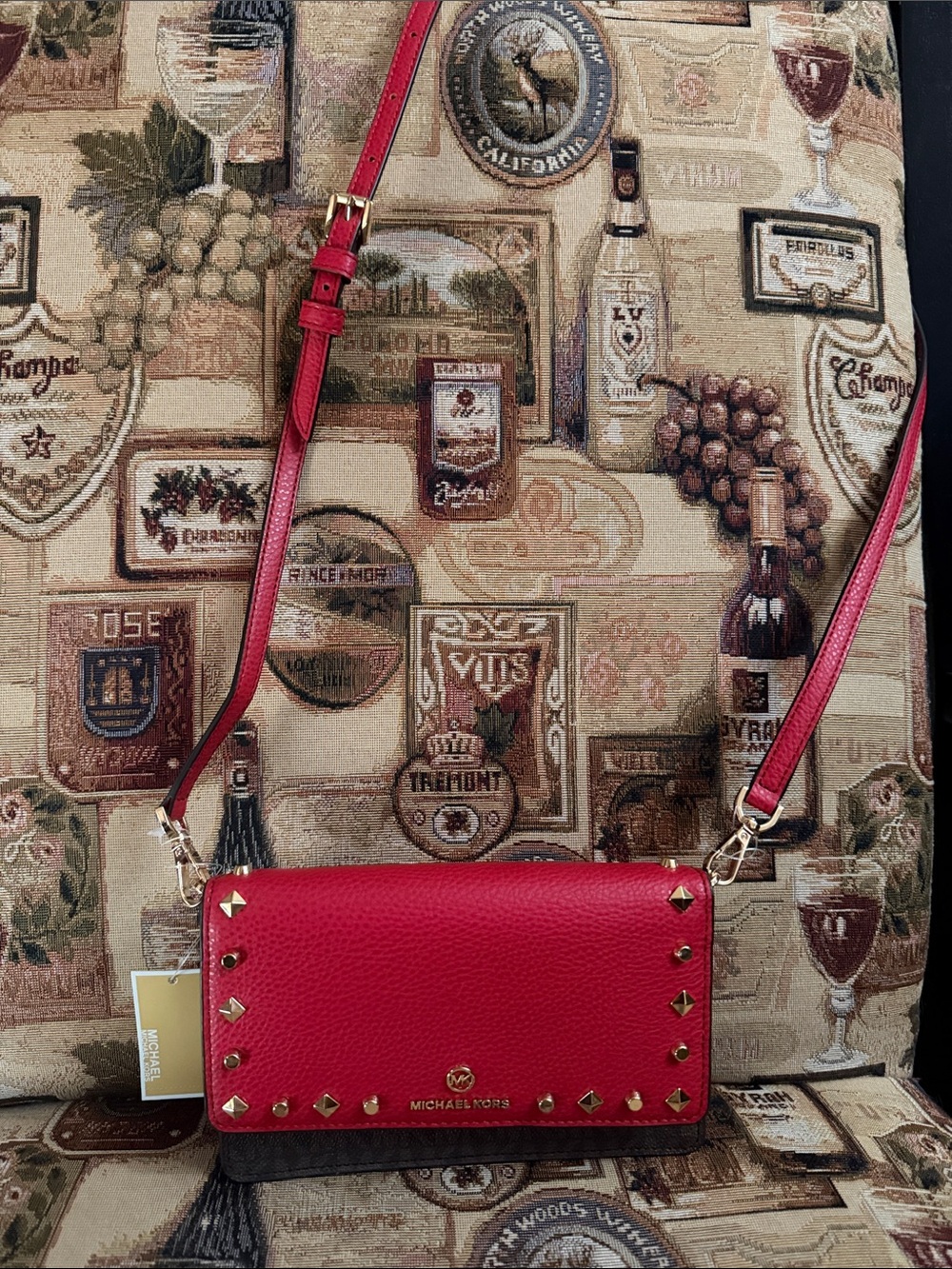 Michael Kors Red and Brown Pebbled Leather Crossbody Wallet